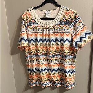 BonWorth Short Sleeve Top - Orange, Blue, Cream with crochet detail